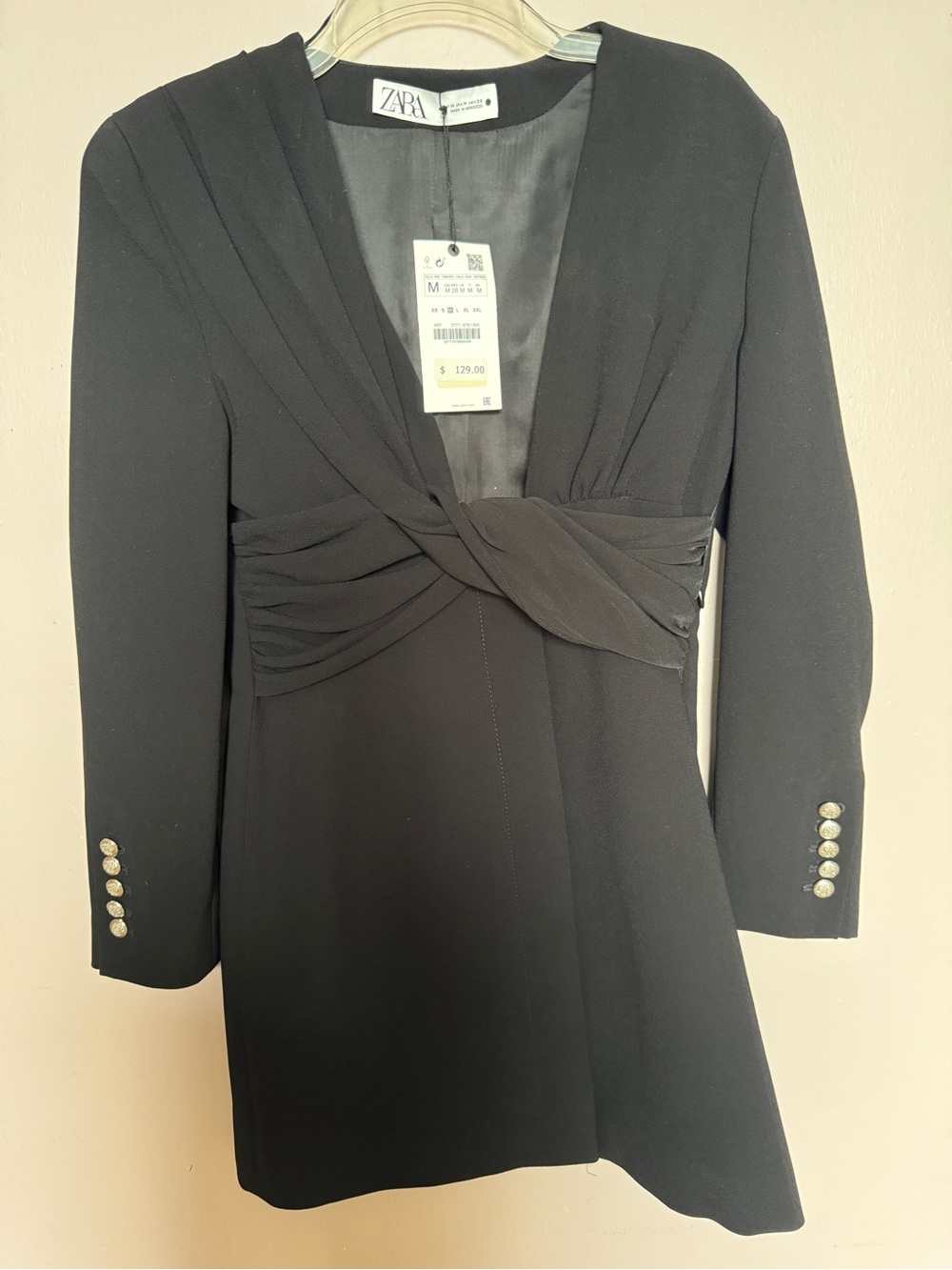 Zara Black Draped V-Neck Blazer Dress with Button Cuffs